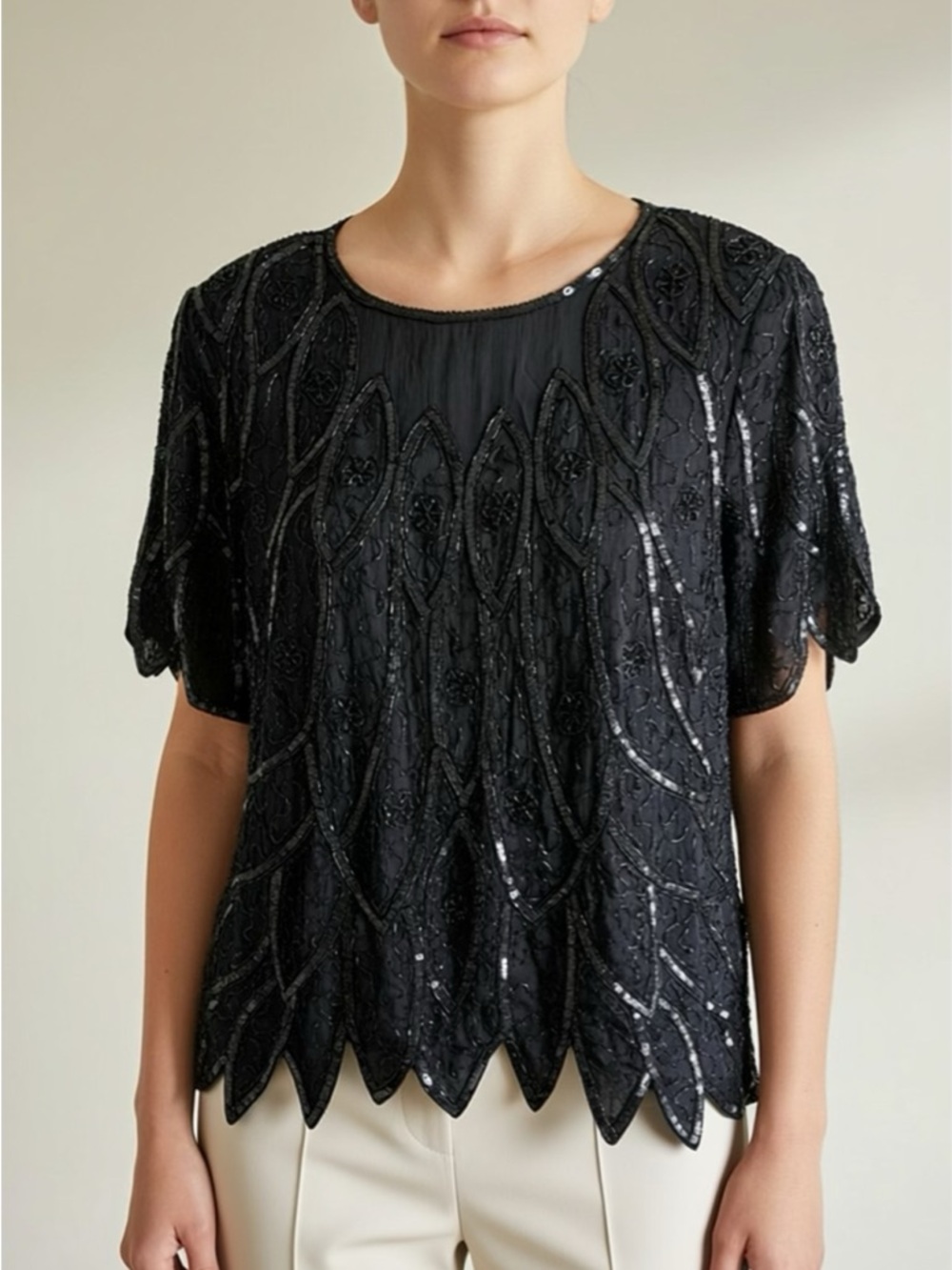Patra Black‎ Beaded Short Sleeve Scalloped Hem Top